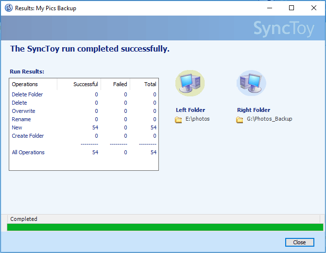 Windows 10 SyncToy run completed successfully
